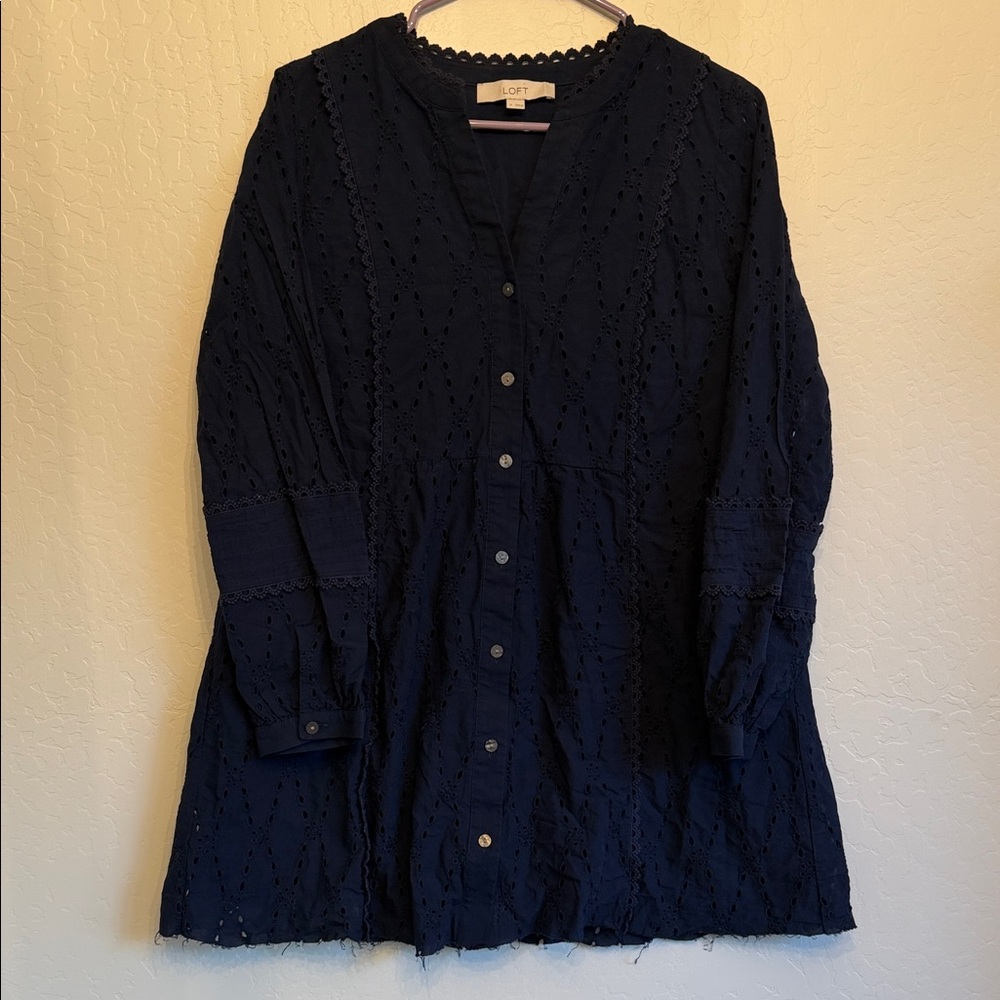 LOFT Midnight Blue Lace Button-Up Top